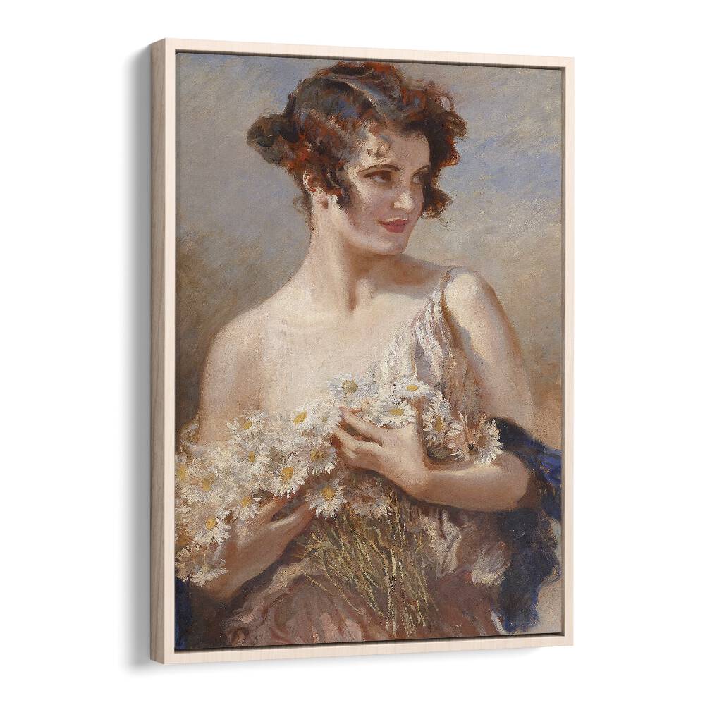 Elegance In Bloom: Dame Mit Margeritenstrau Vintage Art Artwork in Oak Wood Floater Frame