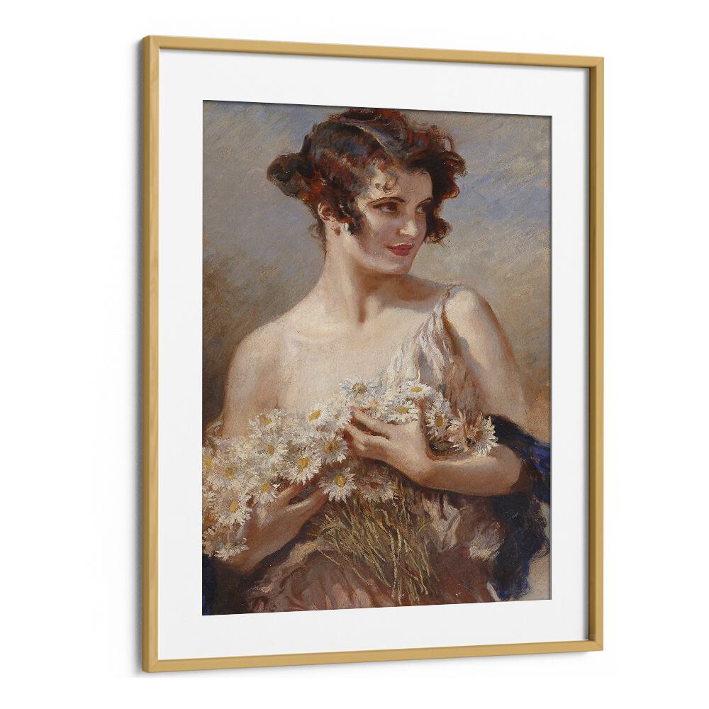 Elegance In Bloom: Dame Mit Margeritenstrau Vintage Art Artwork in Oak Wood Frame With Mount