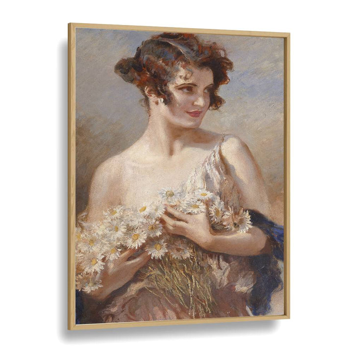 Elegance In Bloom: Dame Mit Margeritenstrau Vintage Art Artwork in Oak Wood Plain Frame