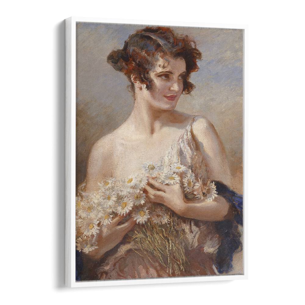 Elegance In Bloom: Dame Mit Margeritenstrau Vintage art painting Artwork in White Floater Frame