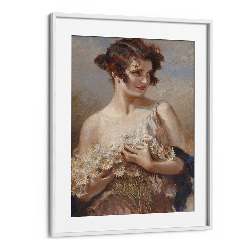 Elegance In Bloom: Dame Mit Margeritenstrau Vintage Art Artwork in White Frame With Mount