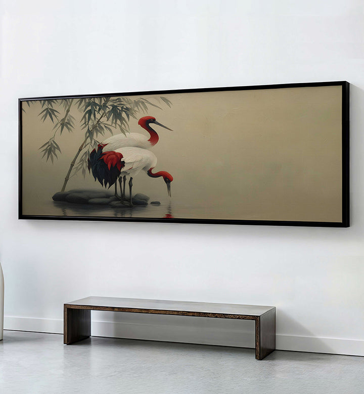ELEGANT CRANES REFLECTING  , PANORAMIC ART
