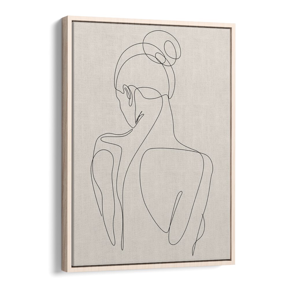 Elegant Minimalist Woman's Face Line boho Artwork in Oak Wood Floater Frame