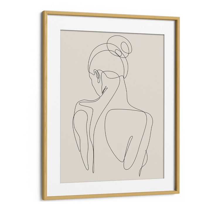 Elegant Minimalist Woman's Face Line boho wall art painting in Oak Wood Frame With Mount