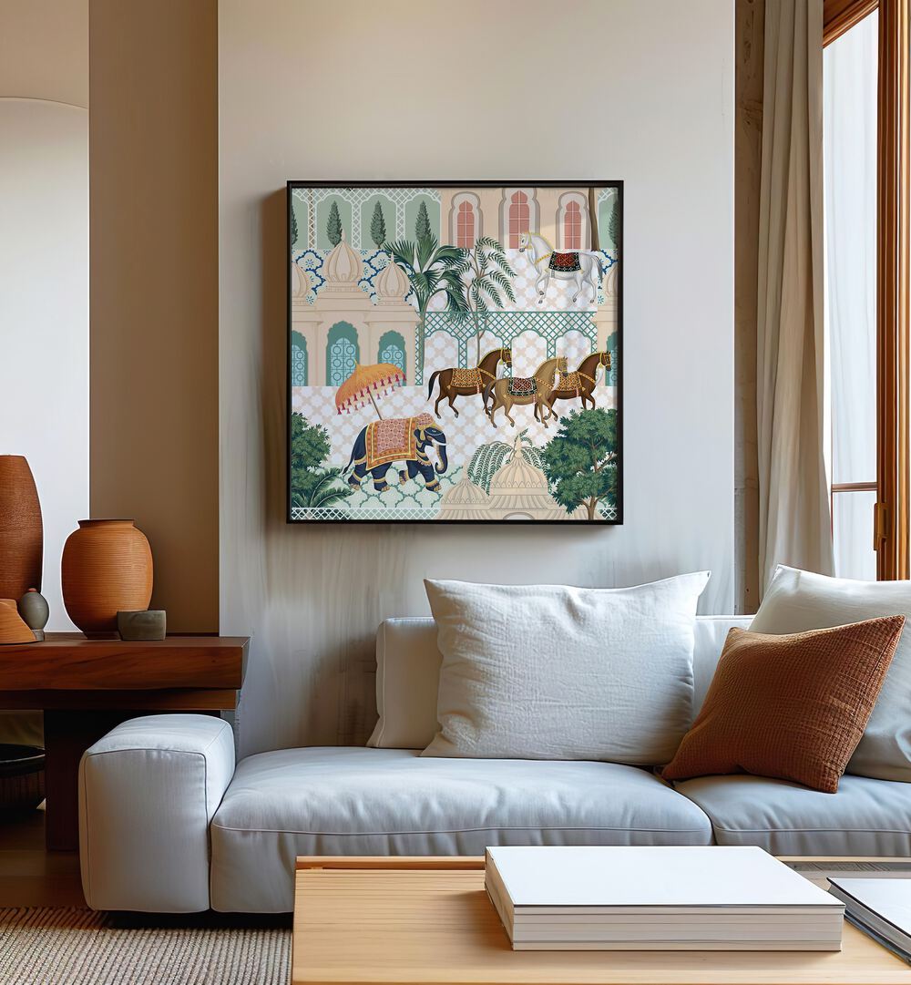 Elephant And Horse Parade Indian Art Painting Artwork in Black Plain Frame placed on a White Wall Behind A White Sofa in the Living Room