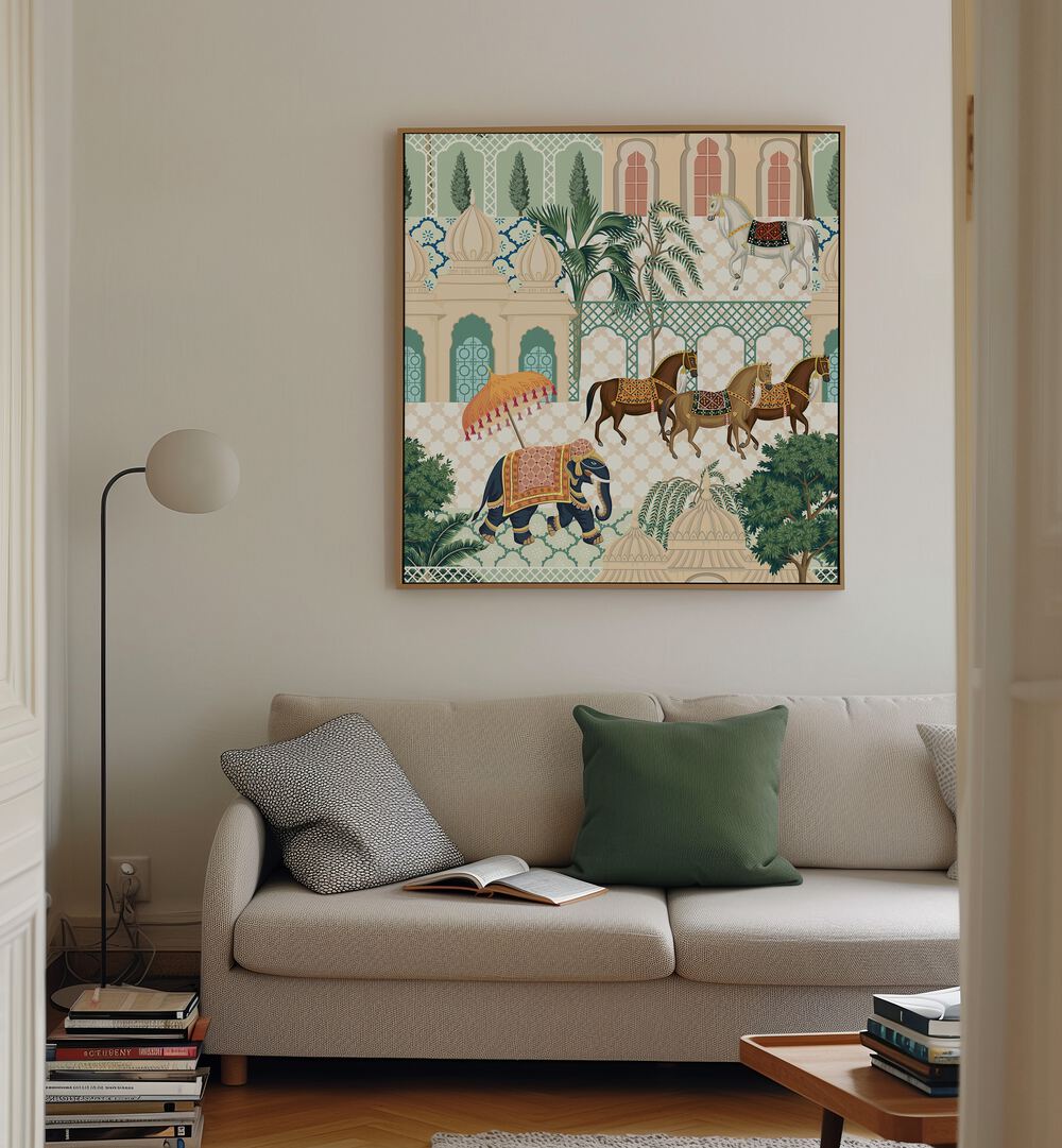 Elephant And Horse Parade Indian Art Painting Artwork in Oak Wood Floater Frame placed on a cream colored Wall behind a Beige Sofa in the Living Room