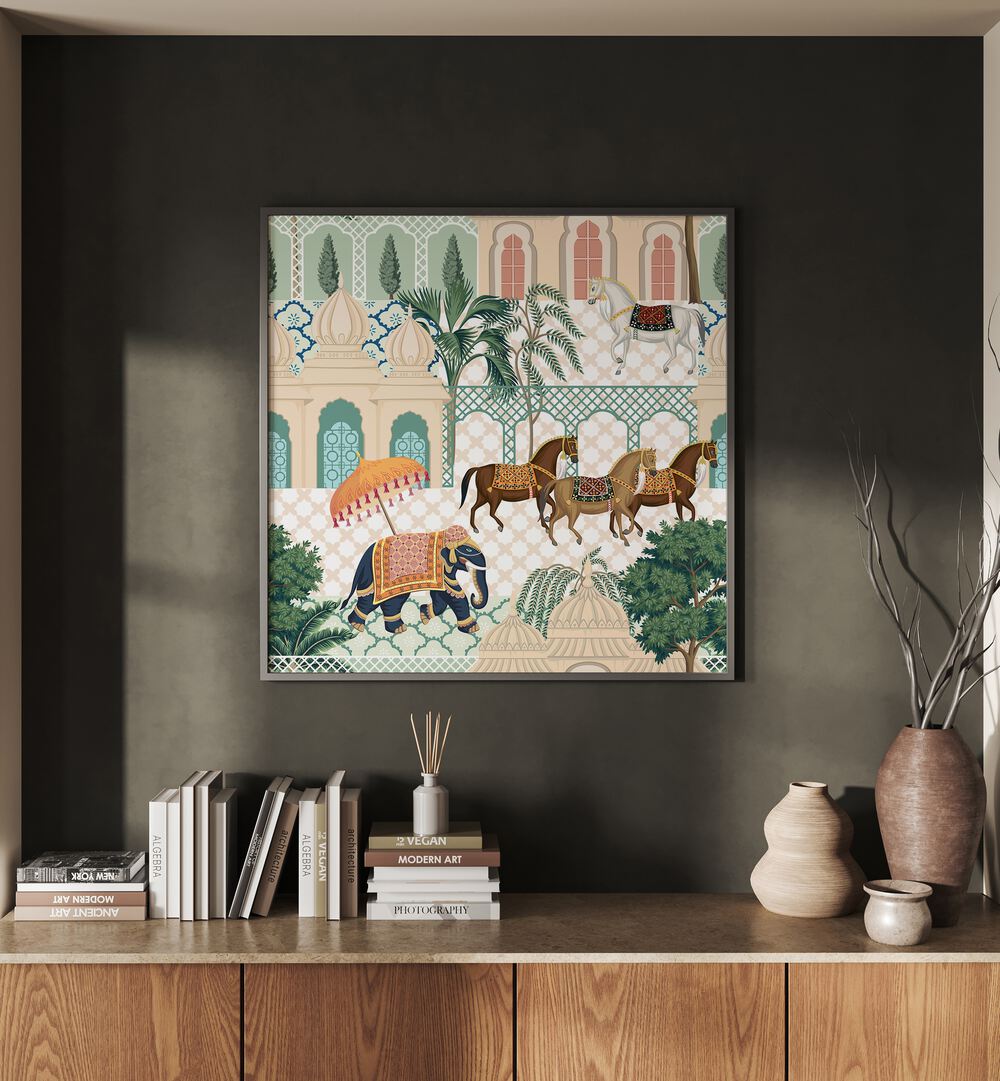 Elephant And Horse Parade Indian Art Painting Artwork in Black Plain Frame placed on a Dark Grey Wall above A Wooden Console Table