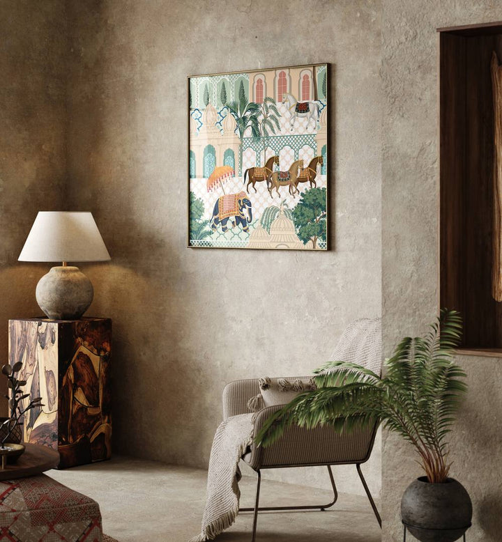 Elephant And Horse Parade Indian Art Painting Artwork in Oak Wood Plain Frame placed on a Dessert Brown Textured Wall In the Living Room