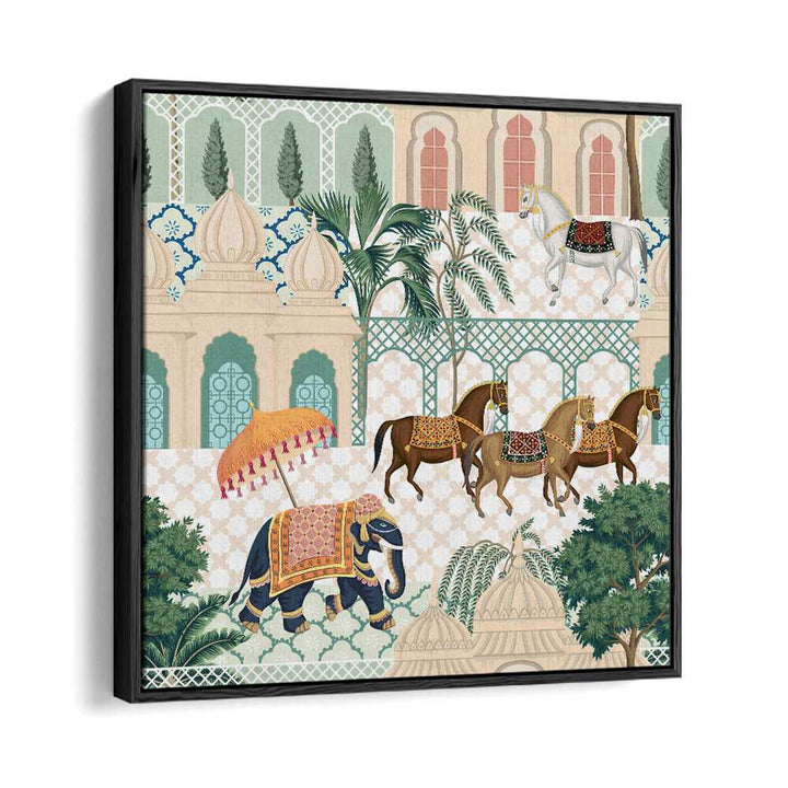 Elephant And Horse Parade Indian Art Painting Artwork in Black Floater Frame