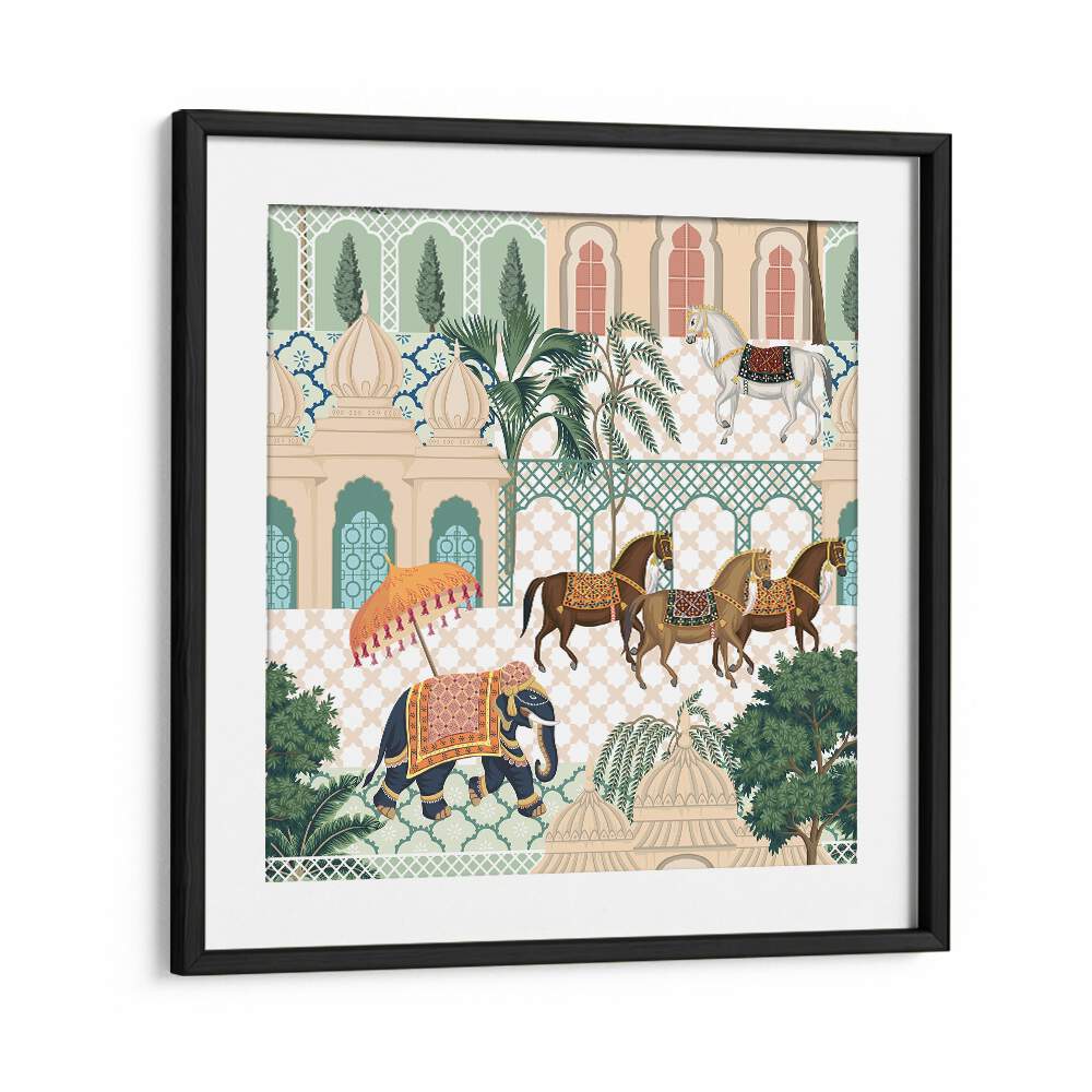 Elephant And Horse Parade Indian art painting Artwork in Black Frame With Mount