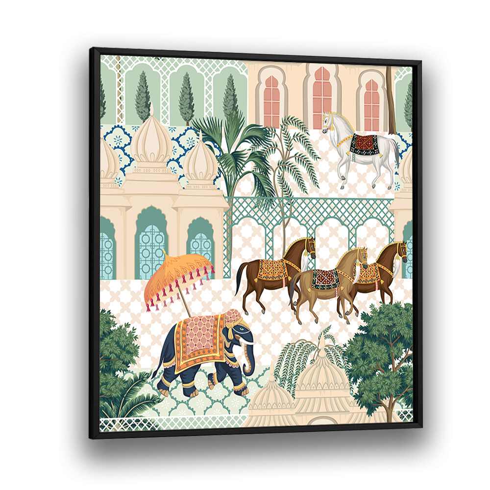 Elephant And Horse Parade Indian art painting Artwork in Black Plain Frame