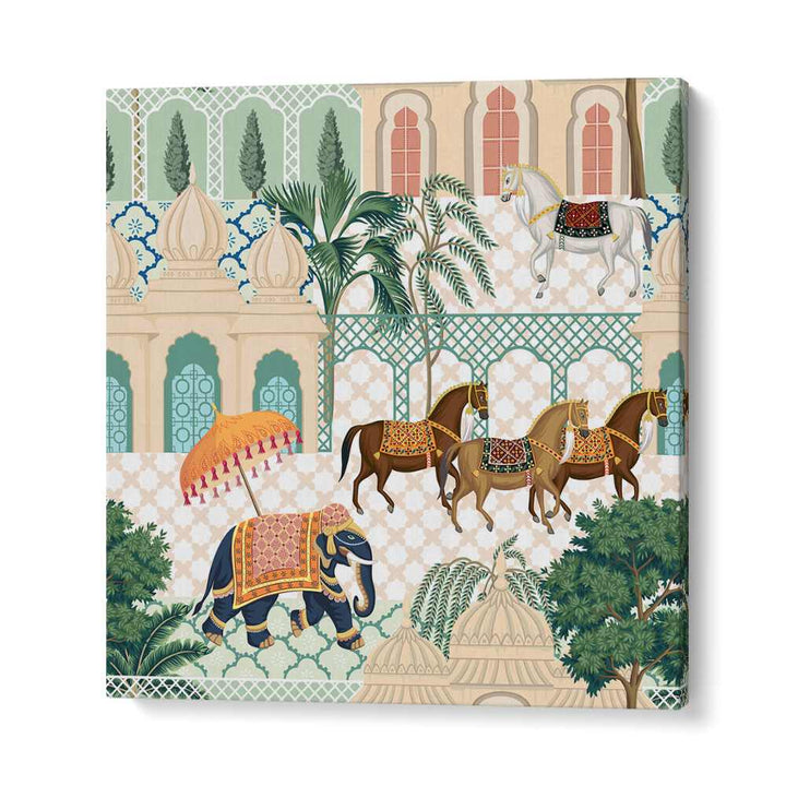 Elephant And Horse Parade Indian art painting Artwork in Gallery Wrap