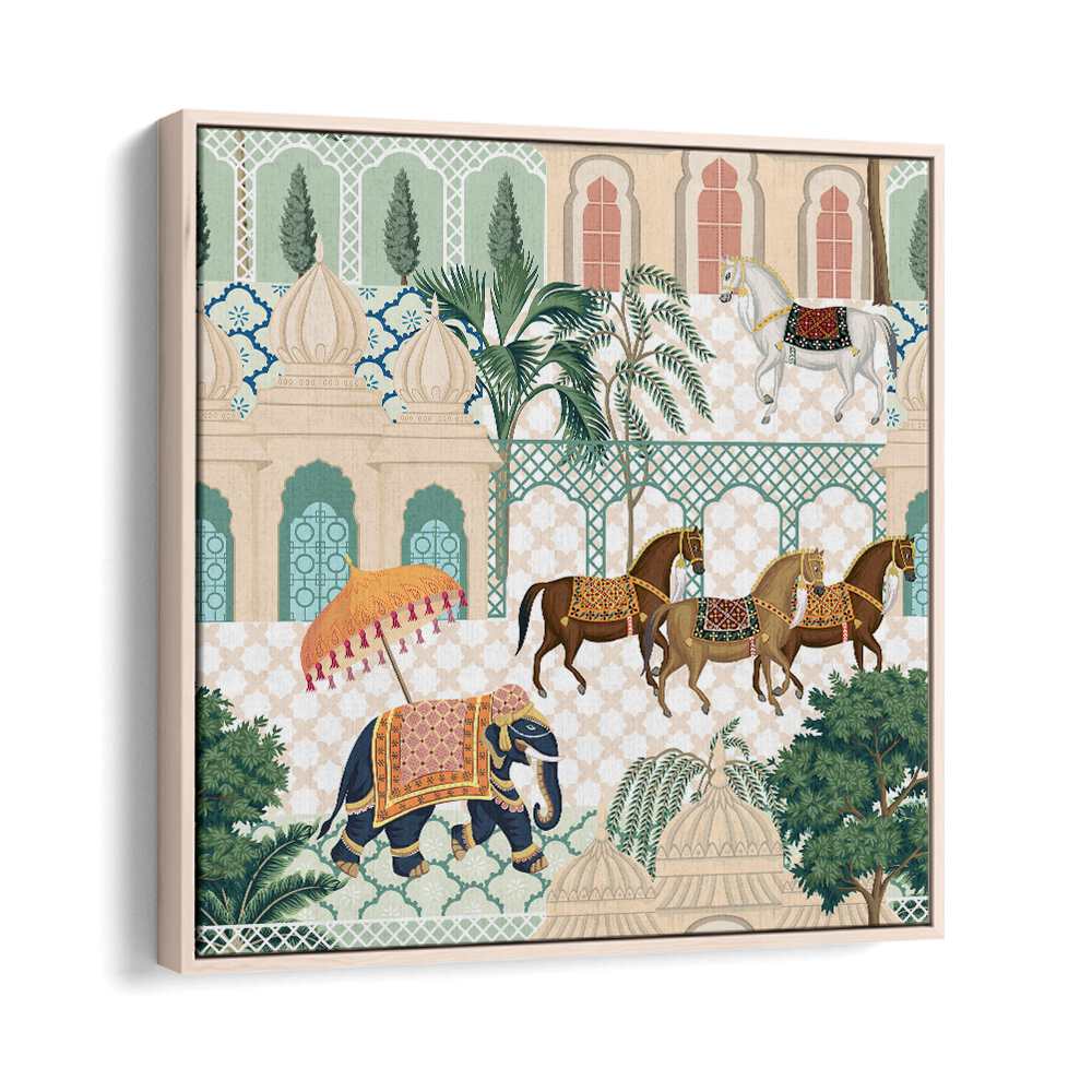 Elephant And Horse Parade Indian Art Painting Artwork in Oak Wood Floater Frame