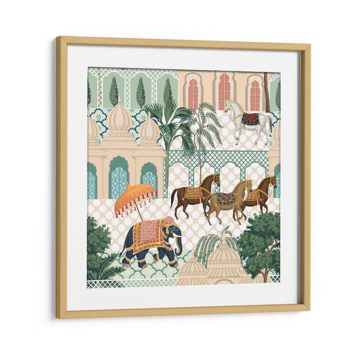 Elephant And Horse Parade Indian art painting Artwork in Oak Wood Frame With Mount