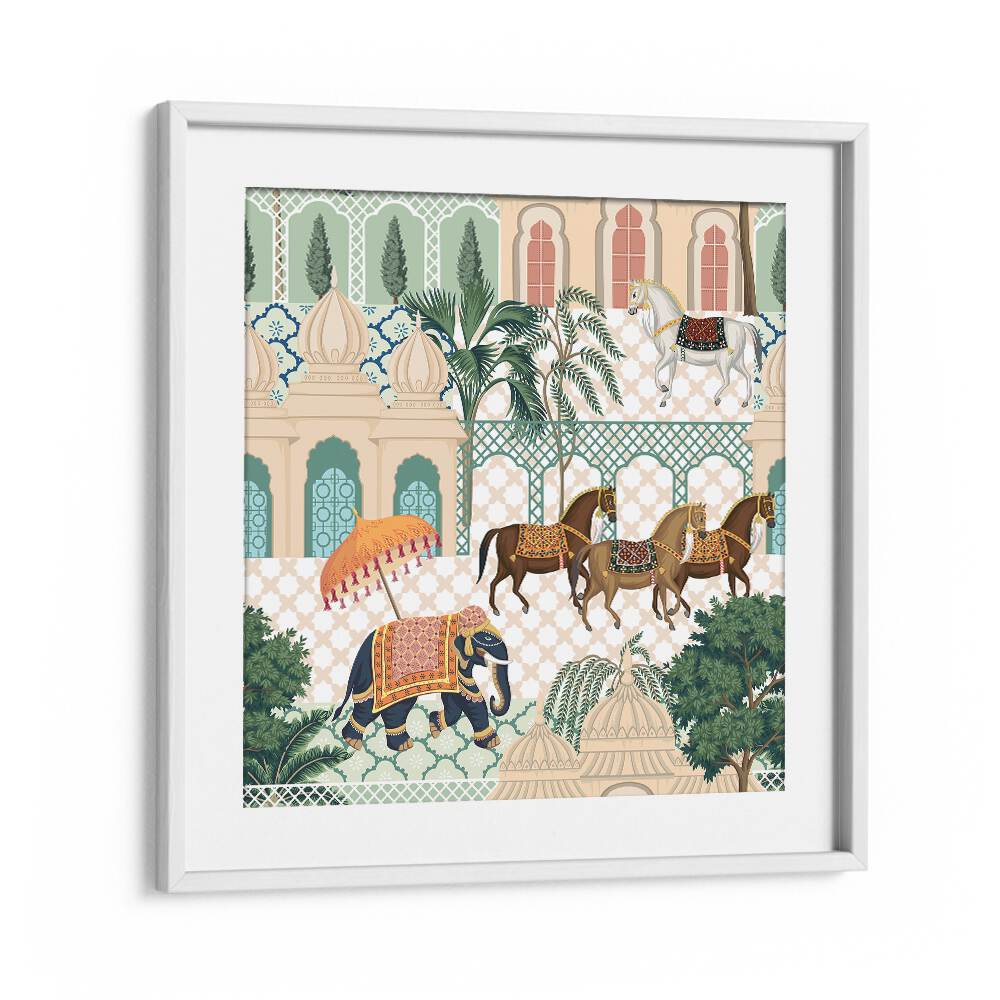 Elephant And Horse Parade Indian art painting Artwork in White frame With Mount