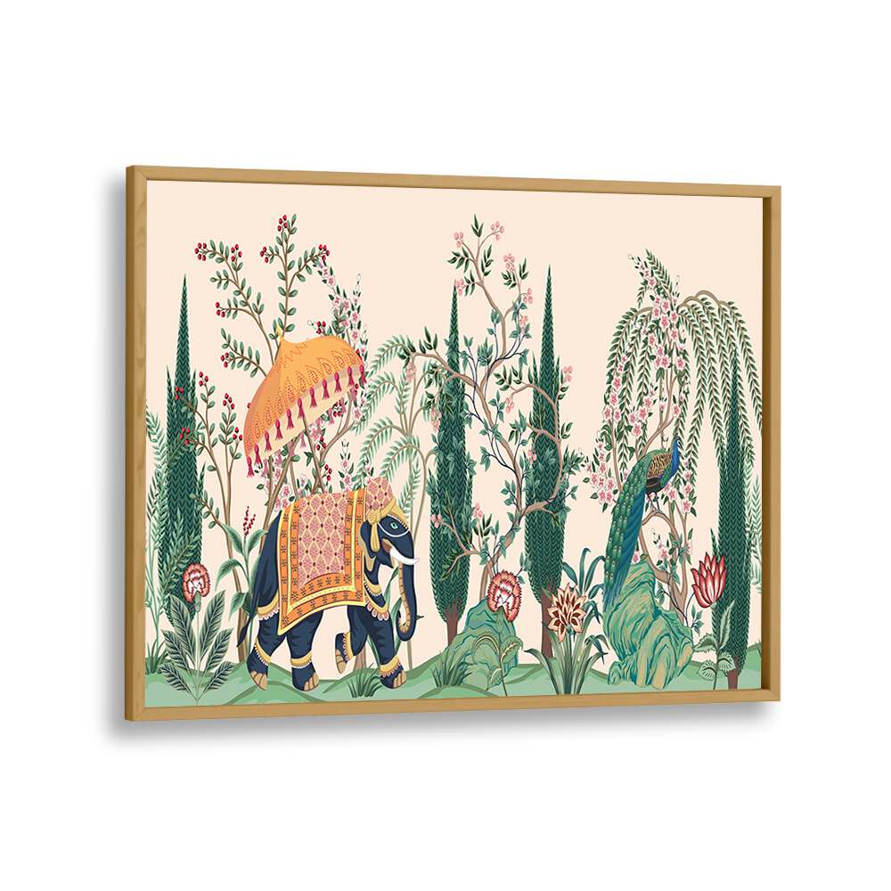 Elephant And Peacock Amidst Indian Gardens I Indian art painting Artwork in Oak Wood Plain Frame