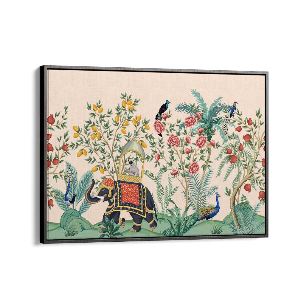 Elephant And Peacock Amidst Indian Gardens II Indian art painting Artwork in Black Floater Frame