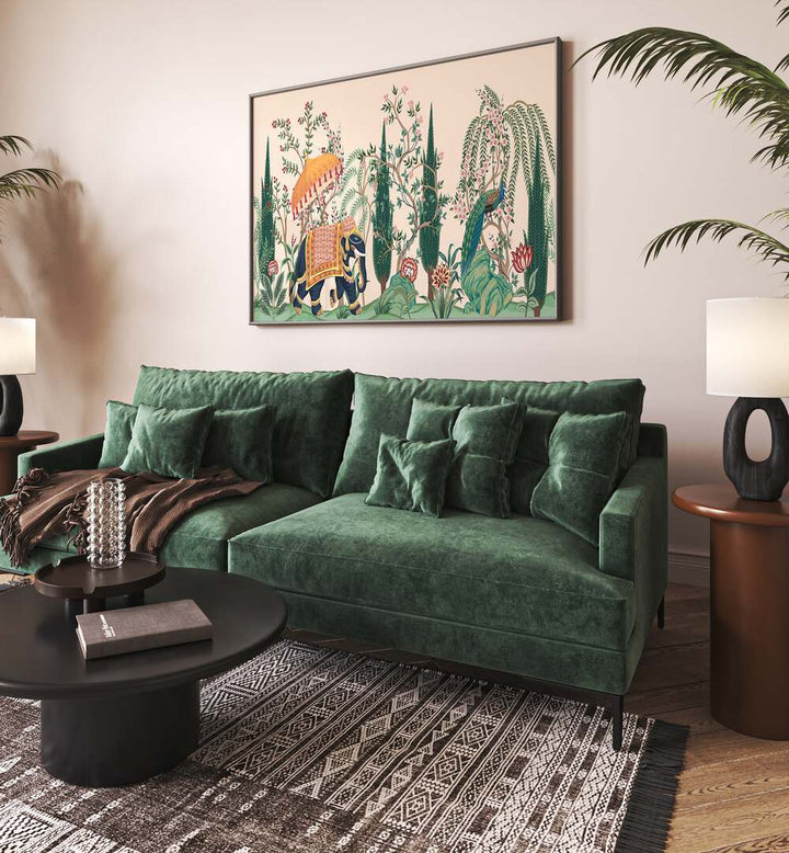 Elephant And Peacock In Indian Gardens I Indian Art Painting Artwork in Black Plain Frame placed on a Cream Colored Wall behind a Green Colored Sofa in the Living Room