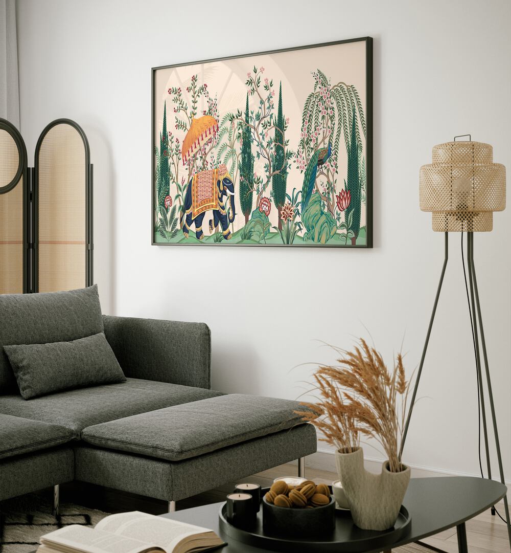 Elephant And Peacock In Indian Gardens I Indian Art Painting Artwork in Black Plain Frame placed on a White wall near a Grey Sofa in the Living Room