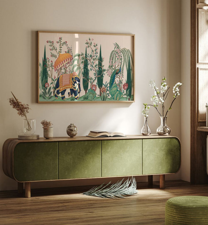 Elephant And Peacock In Indian Gardens I Indian Art Painting Artwork in Oak Wood Plain Frame placed on a Cream Colored Wall Above a Green Wooden Console Table in the Living Rom