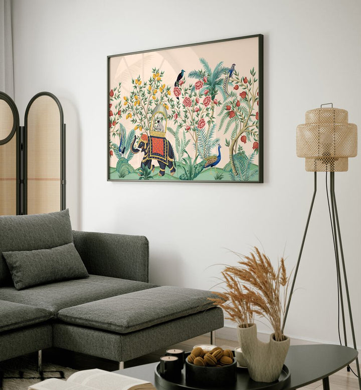 Elephant And Peacock In Indian Gardens II Indian Art Painting Artwork in Black Plain Frame placed on a White wall Near a Grey Sofa in the Living Room