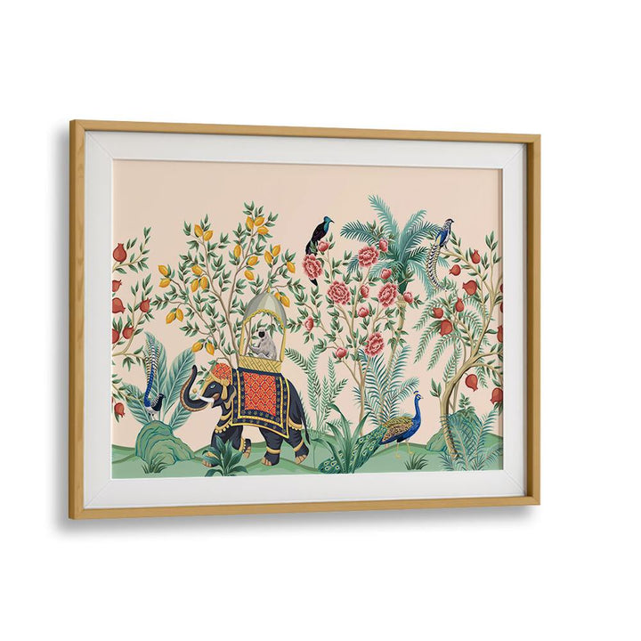 Elephant And Peacock In Indian Gardens II Indian Art Painting Artwork in Oak Wood Frame With Mount