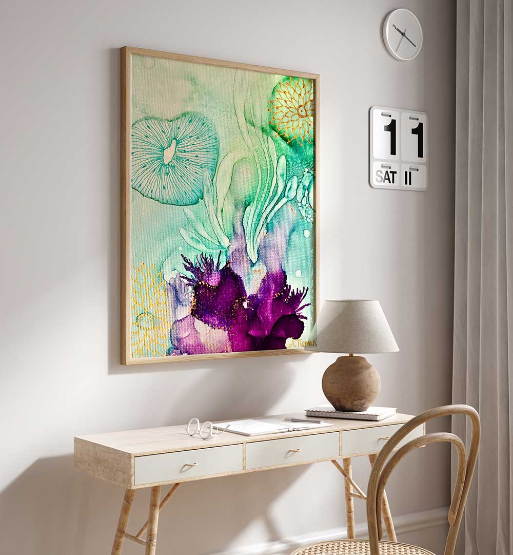Vibrant EMERALD WATERS, BEACH PAINTINGS enhancing a serene coastal atmosphere in modern home decor.