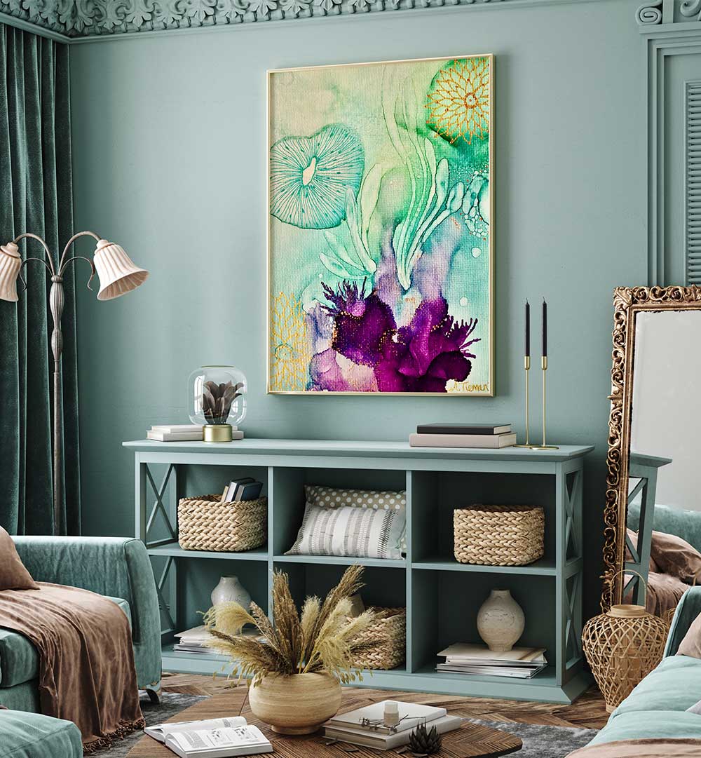 Vibrant EMERALD WATERS, BEACH PAINTINGS on display, perfect for enhancing coastal home decor.