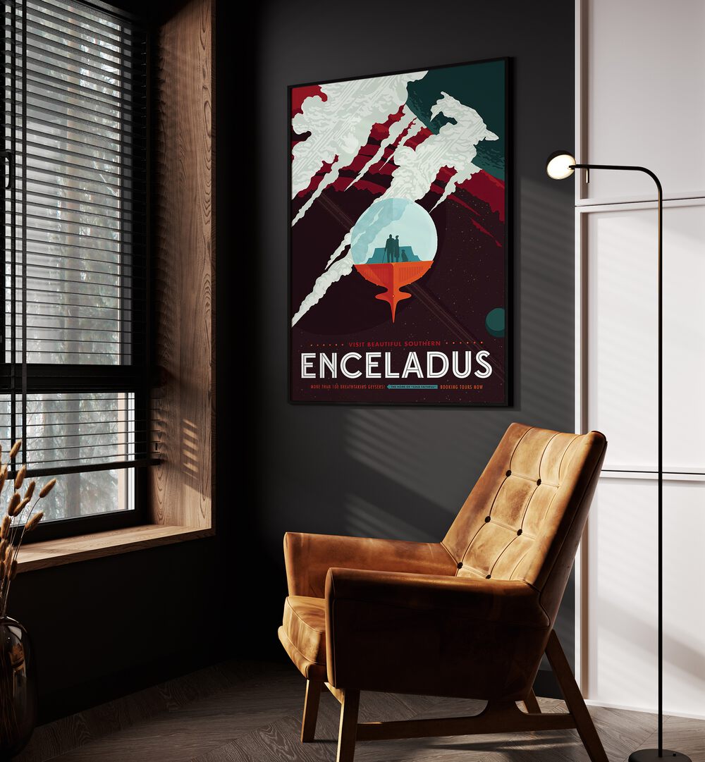 Enceladus Astronaut & Nasa Paintings, Space Art Prints Artwork in Black Plain Frame placed on a Grey Colored Wall in the Drawing Room

 
