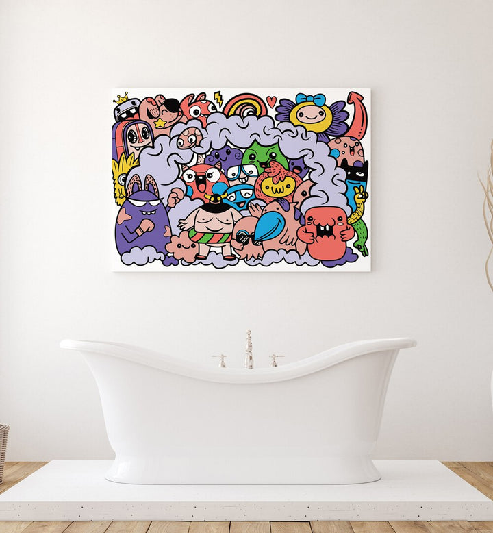 Enchanted Creature Chronicles Comic Art Artwork in White Plain Frame Placed on a White Wall Near A White Bathtub in the Bathroom