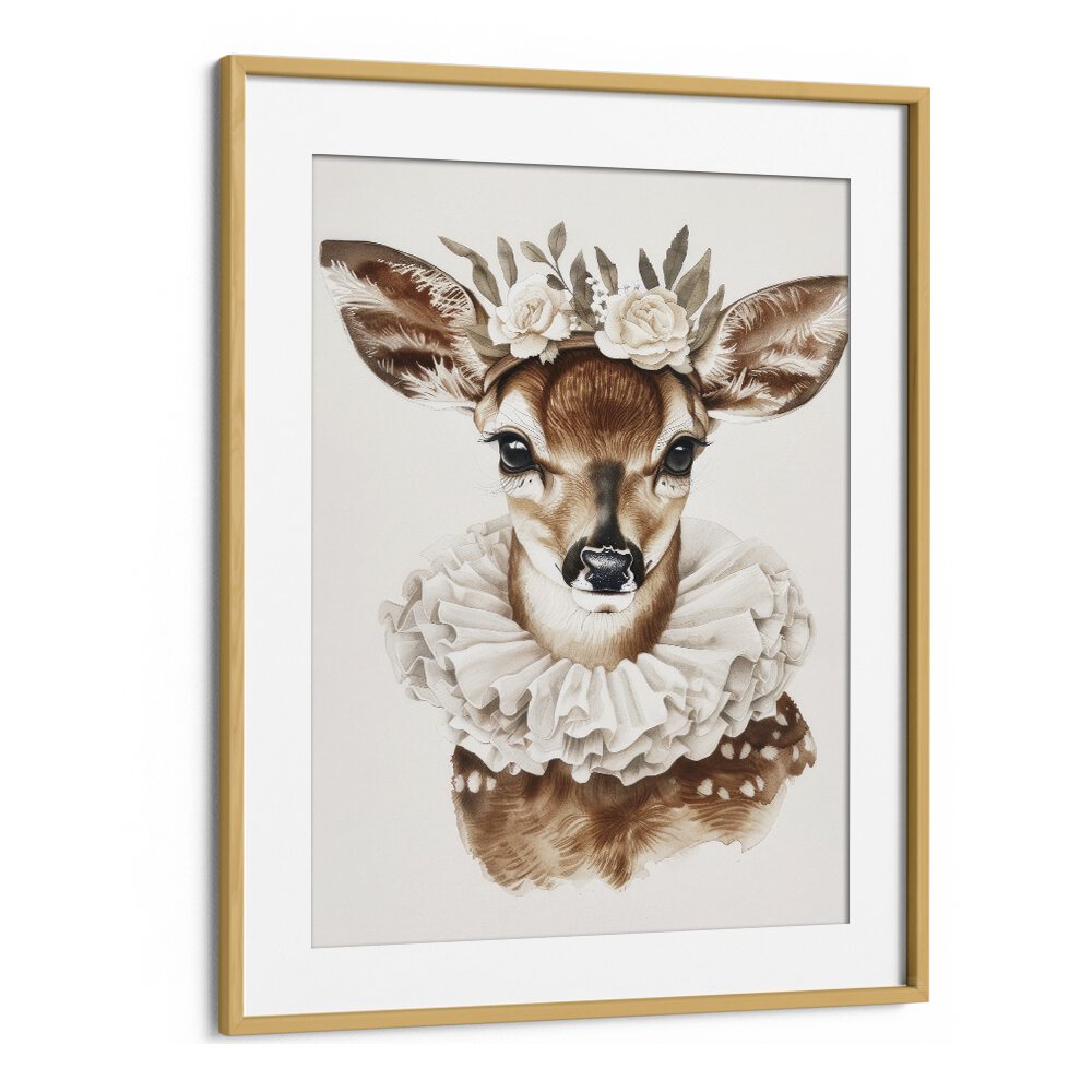 Enchanted Doe Delight Kids Art Artwork in Oak Wood Frame With Mount
