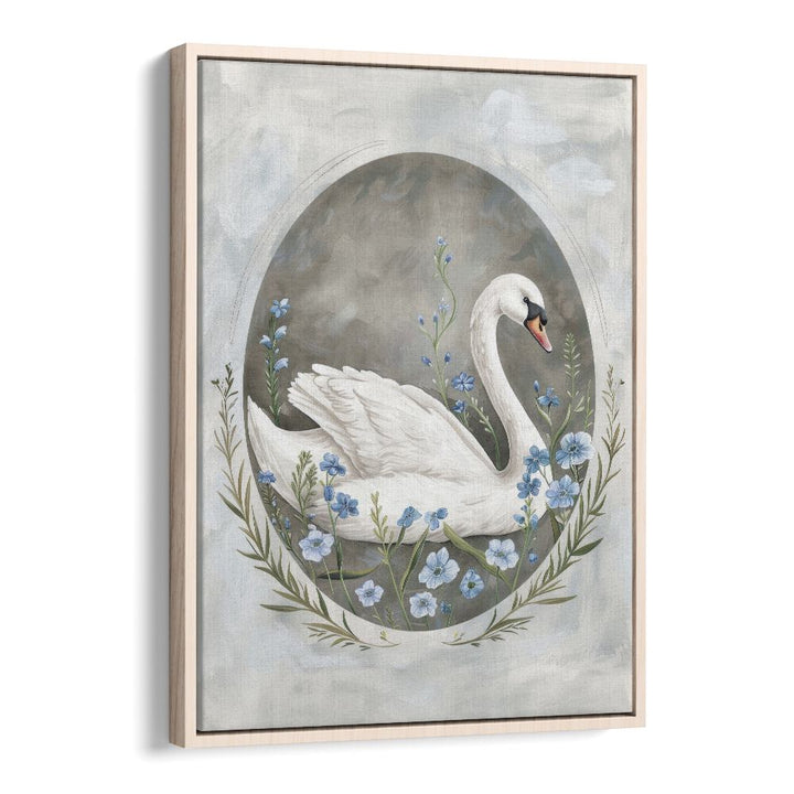 Enchanted Waters Swan Lake I Kids Art Artwork in Oak Wood Floater Frame
