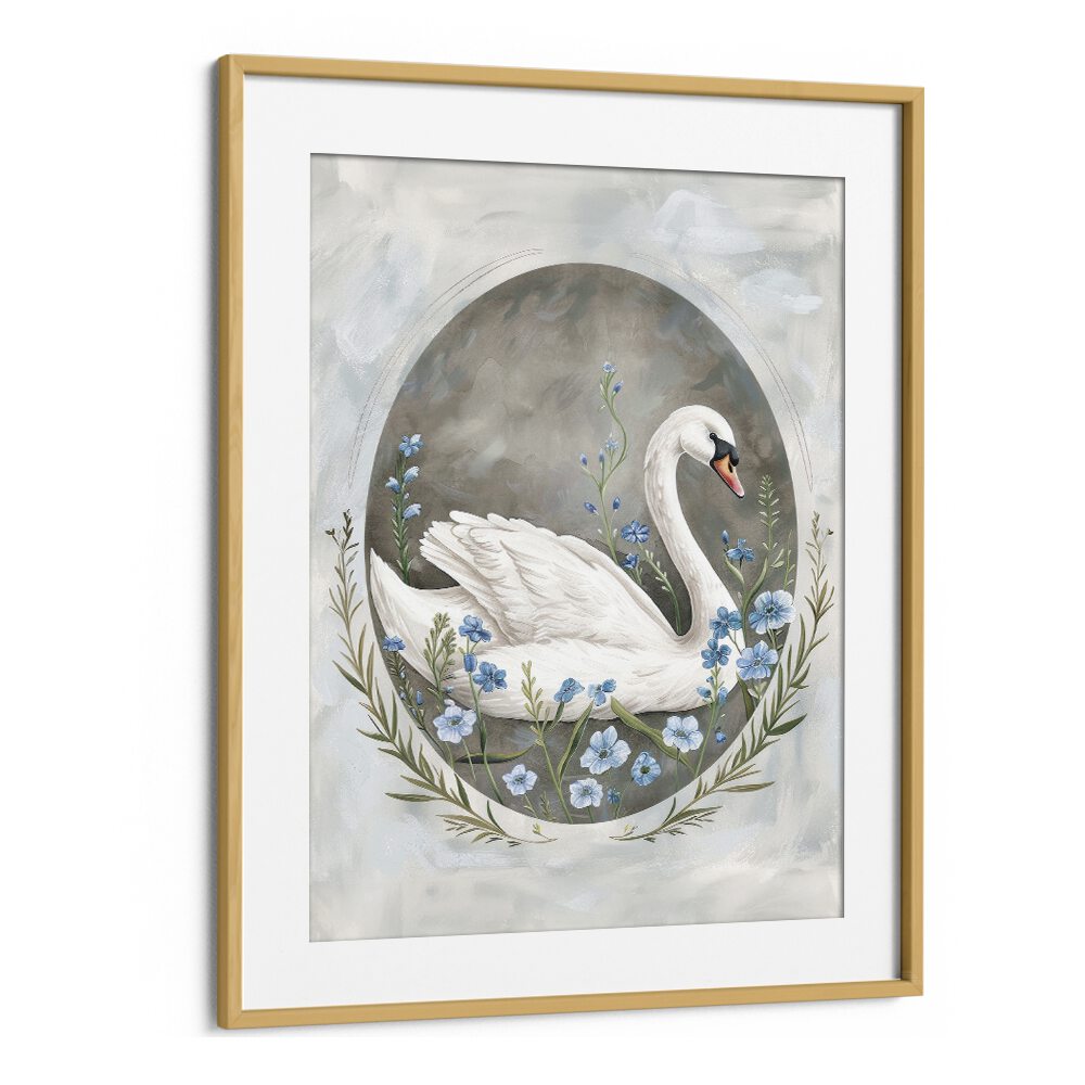 Enchanted Waters Swan Lake I Kids Art Artwork in Oak Wood Frame With Mount
