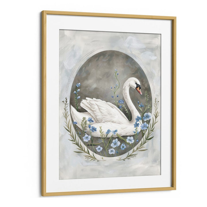 Enchanted Waters Swan Lake I Kids Art Artwork in Oak Wood Frame With Mount
