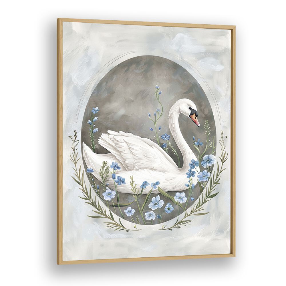 Enchanted Waters Swan Lake I Kids Art Artwork in Oak Wood Plain Frame
