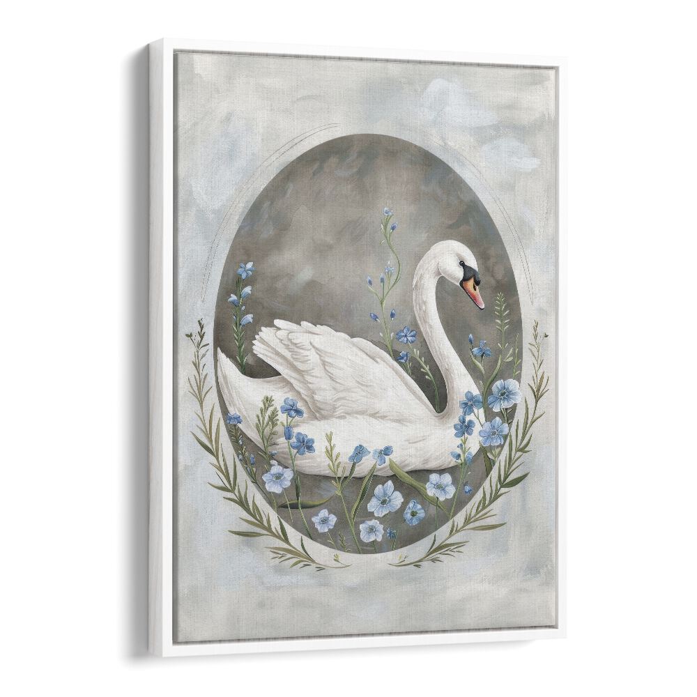 Enchanted Waters Swan Lake I Kids art painting Artwork in White Floater Frame
