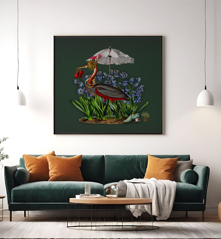 Vibrant ENCHANTED FOREST V, ANIMAL PAINTINGS featuring whimsical birds amidst flowers, perfect for home decor.