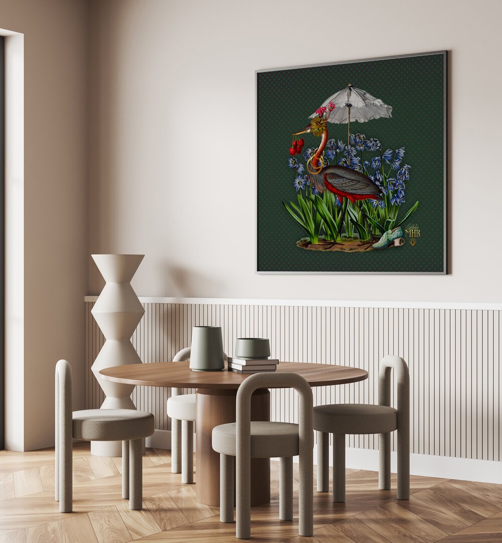 Colorful bird with an umbrella and flowers, showcasing the charm of ENCHANTED FOREST V, ANIMAL PAINTINGS collection.