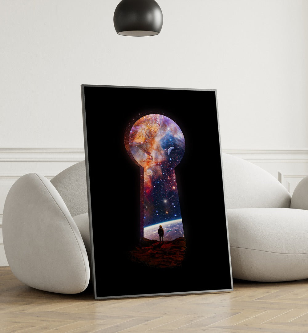 Entrance By Francis Minoza Astronaut & Nasa Paintings, Space Art Prints Artwork in Black Plain Frame placed on a Wooden Floor near a White Sofa in the Living Room
