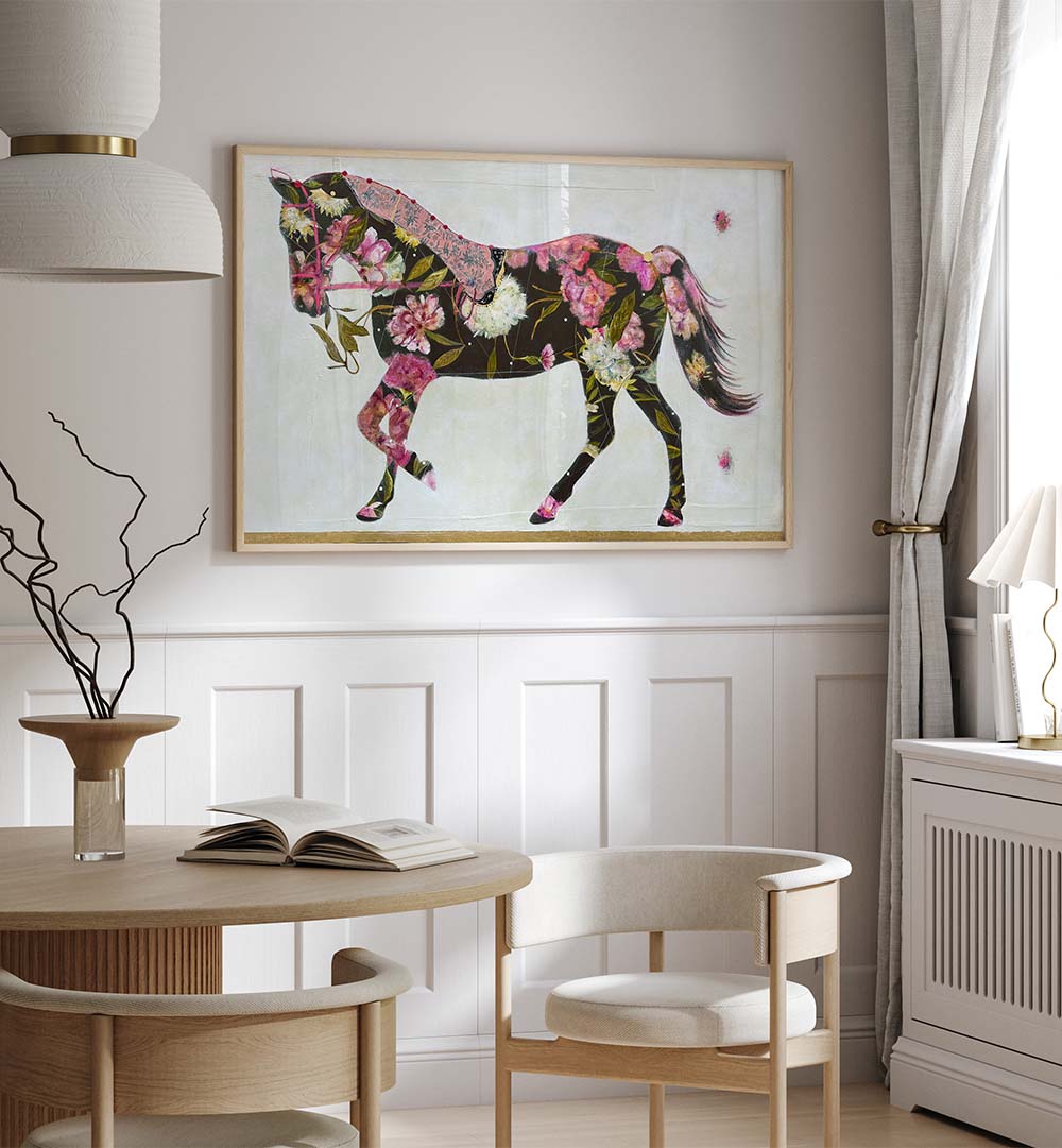 Vibrant EQUESTRIAN ELEGANCE, ANIMAL PAINTINGS adorn the wall, showcasing a stunning floral horse design.