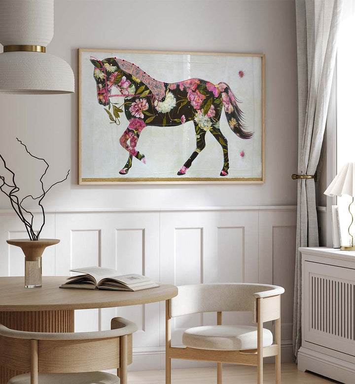 Vibrant EQUESTRIAN ELEGANCE, ANIMAL PAINTINGS adorn the wall, showcasing a stunning floral horse design.