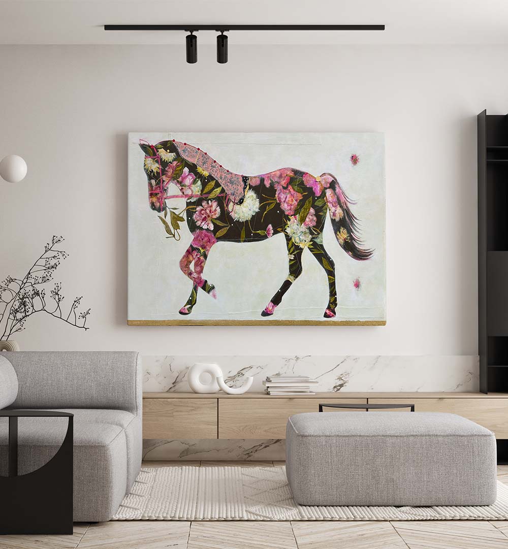 Vibrant EQUESTRIAN ELEGANCE, ANIMAL PAINTINGS adorn a modern space, showcasing the beauty of wildlife art.