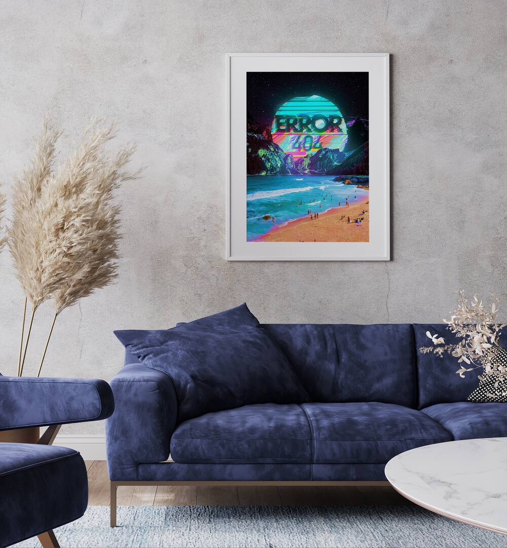 Error 404 - I By Francis Minoza Astronaut & Nasa Paintings, Space Art Prints Artwork in White Frame With Mount placed on a Grey Colored Wall near a Blue Sofa in the Living Room
