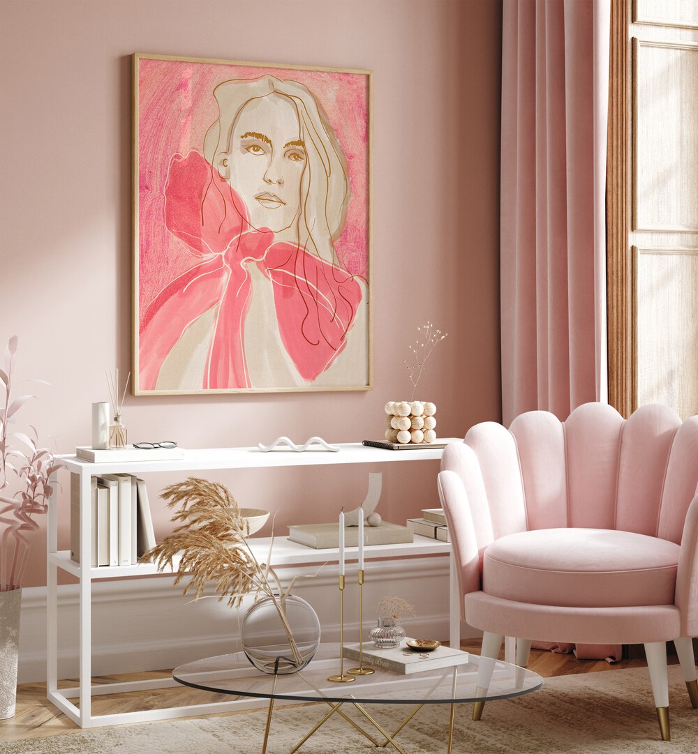 Stunning ETHERAL RED, PORTRAITS artwork in a chic interior, featuring captivating red hues and elegant design.