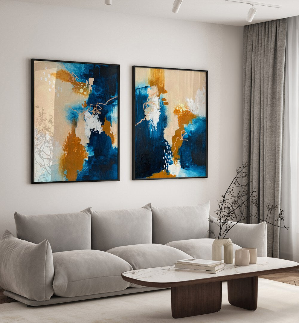 Transform your space with the ETHEREAL HORIZON SET, SET OF 2 PAINTINGS, featuring calming blue and gold hues.