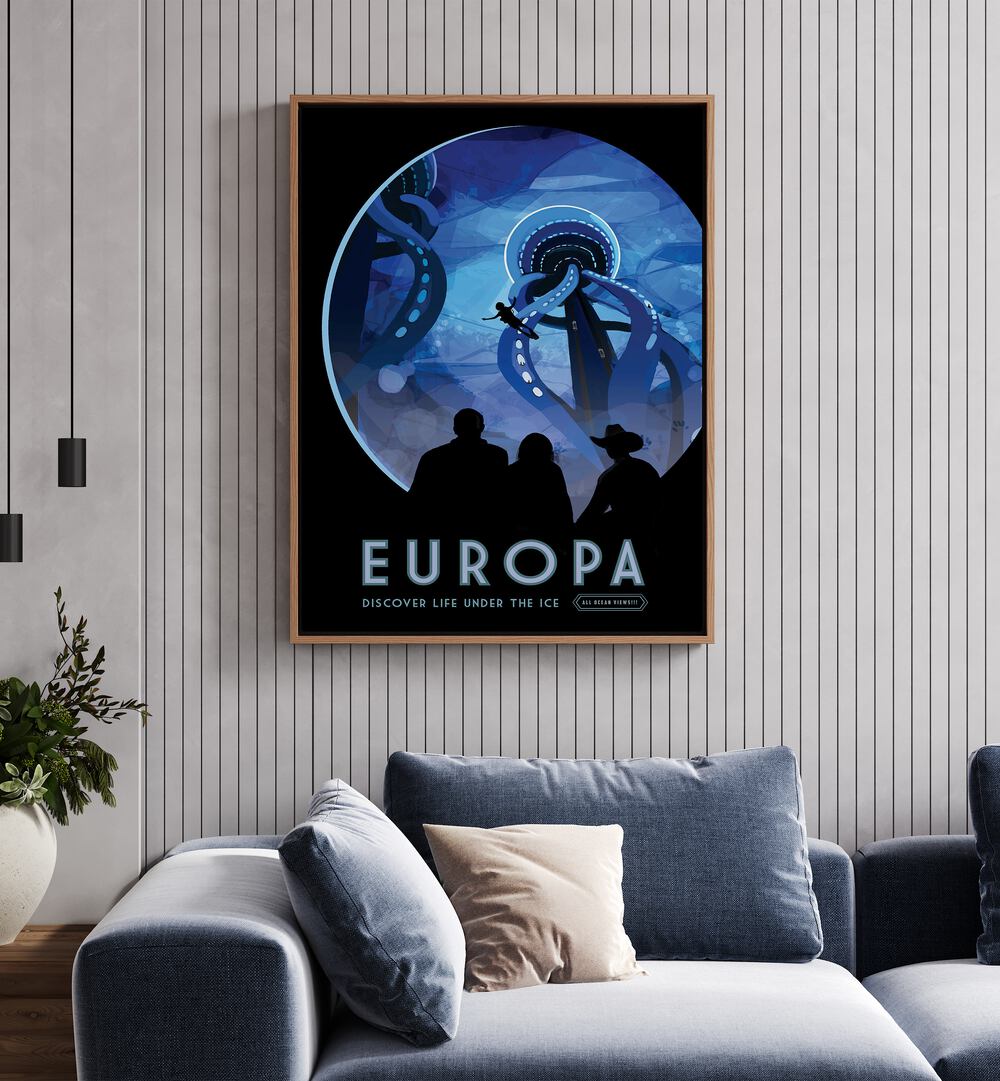 Europa Astronaut & Nasa Paintings, Space Art Prints Artwork in Oak Wood Floater Frame placed on a White Colored Wall near a Blue Sofa in the Living Room



