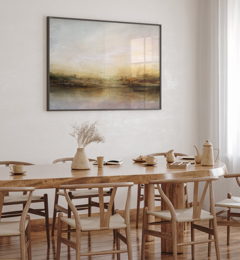 Elegant EVENING RIVER, ABSTRACT PAINTINGS adorn a dining area, enhancing tranquility and modern decor.