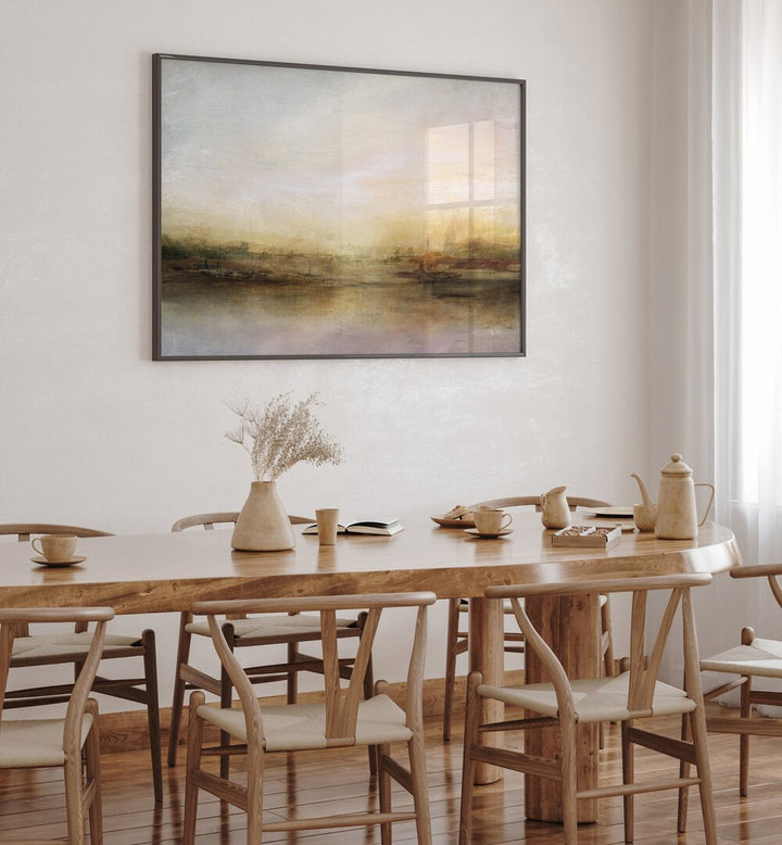 Elegant EVENING RIVER, ABSTRACT PAINTINGS adorn a dining area, enhancing tranquility and modern decor.
