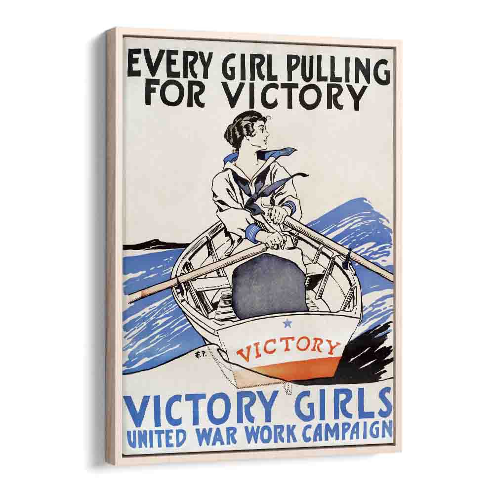 Every Girl Pulling For Victory, Victory Girls United War Work Campaign (1918) Edward Penfield art painting Artwork in Oak Wood Floater Frame