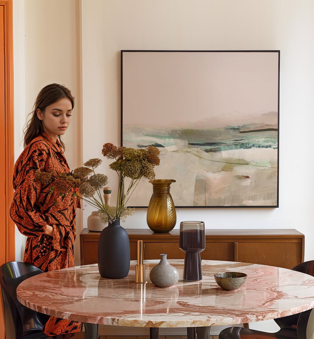 Sophisticated living space featuring EVOKED, ABSTRACT PAINTINGS, enhancing modern elegance and creativity.